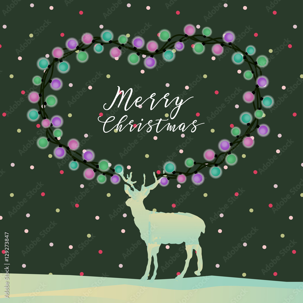 Merry Christmas and Happy New Year card with text, reindeer and colorful light bulb heart frame in green pink blue and purple colors and green background for Christmas Holiday, celebrate Christmas. Merry Christmas and Happy New Year card with text, reindeer and colorful light bulb heart frame in green pink blue and purple colors and green background for Christmas Holiday, celebrate Christmas.