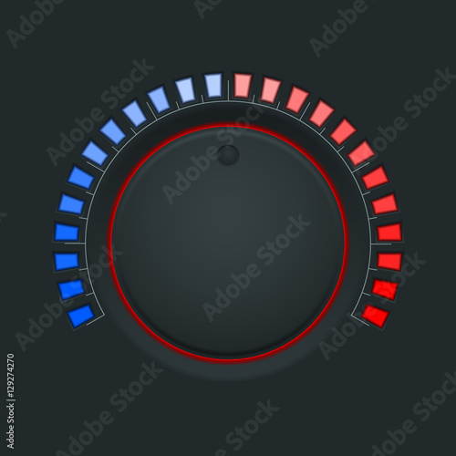 Switch round knob button. On dark plastic background