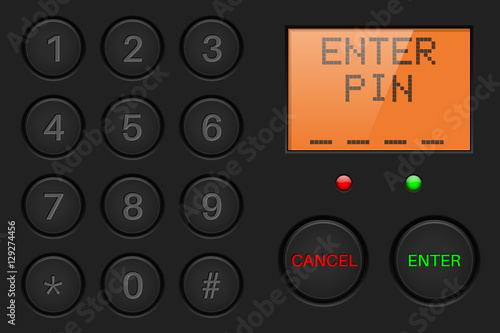 Pin enter display with number buttons. Black plastic background