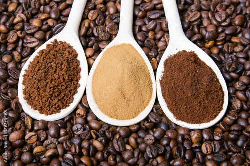 types of coffee: grounds, instant, powder, coffee beans