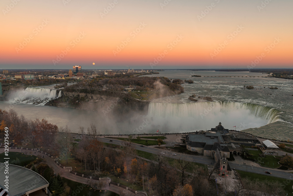 Aerial view of the Niagara Falls at sunset.