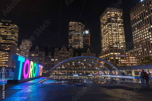 Toronto downtown and Toronto Sign at night, in Toronto, Ontario.