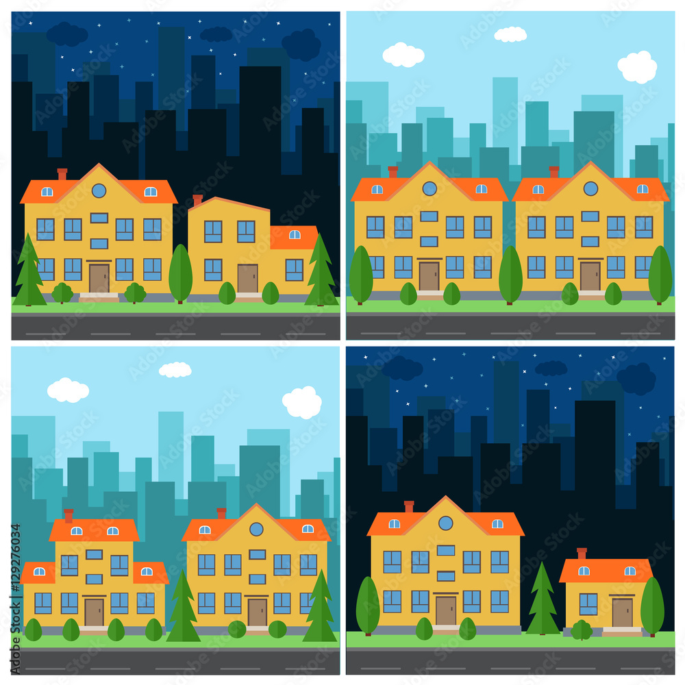 Set of vector day and night city with cartoon houses and buildings. City space with road on flat style background concept. Summer urban landscape. Street view with cityscape on a background
