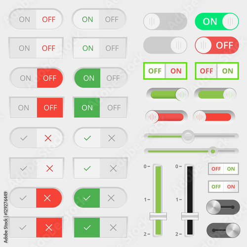 Set of colorful toggle switch icons. Switch buttons. On and Off