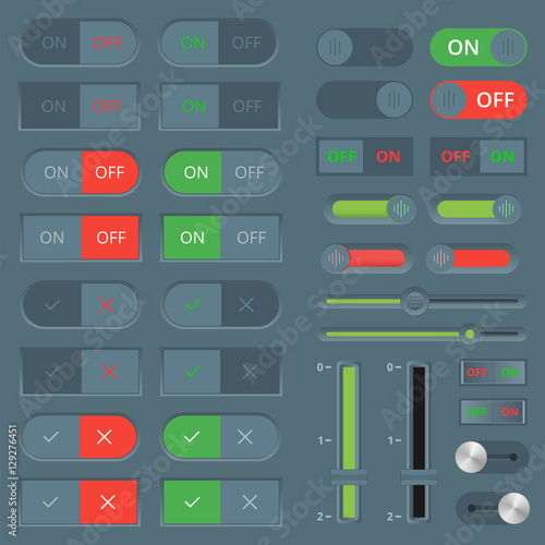 Set of colorful toggle switch icons. Switch buttons. On and Off