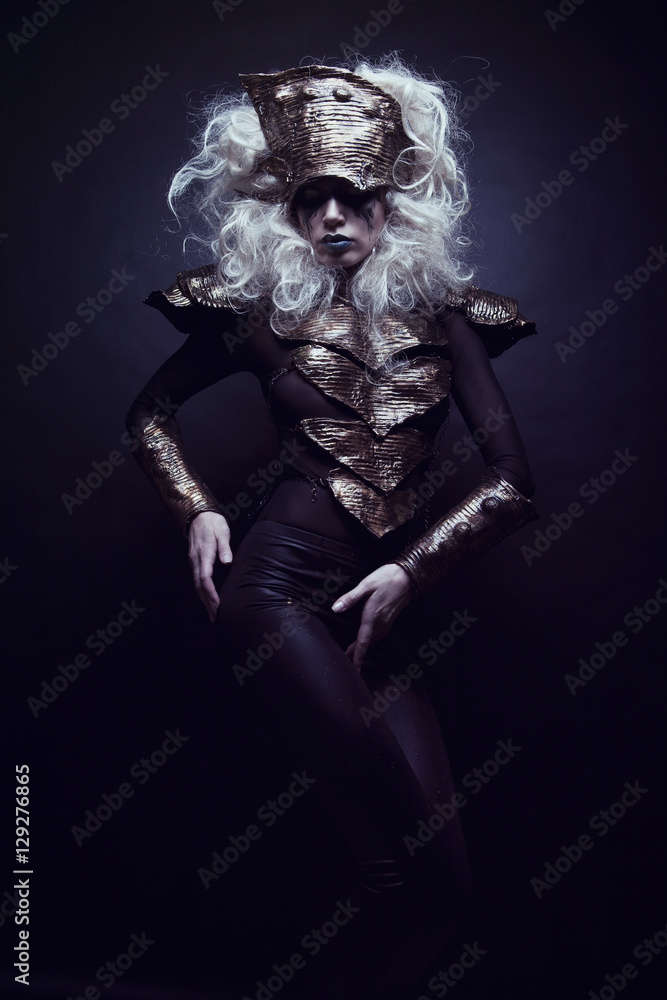 Woman with black make up and white wig Woman with black make up and white wig