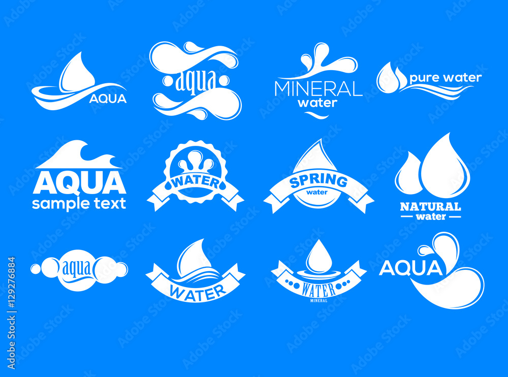 Blue logos set. Label for mineral water. Aqua icons collection. Blue logos set. Label for mineral water. Aqua icons collection.