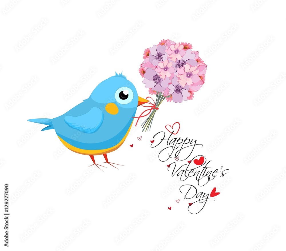 Valentines day card with flower bouquet and bird. Hand drawn lettering