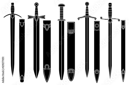 Canvastavla Sword with scabbard. Set of different models. Black icons