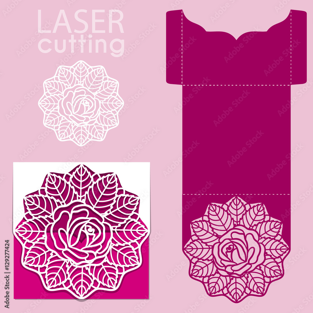 Vector die laser cut envelope template with rose flower. Wedding lace ...