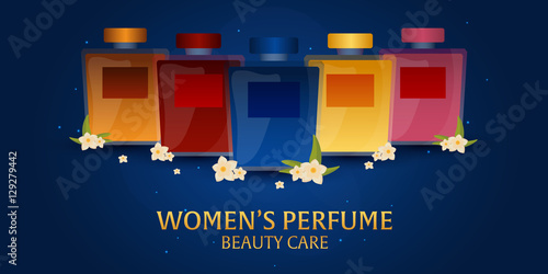 Banner Women's Perfume. Beauty care. Classic bottle of perfume. Liquid luxury fragrance aromatherapy. Vector illustration.