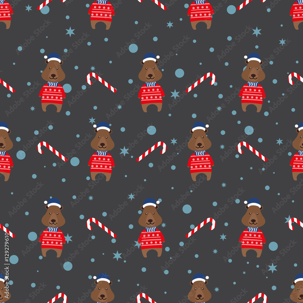 Pattern with Christmas bear and candies. 