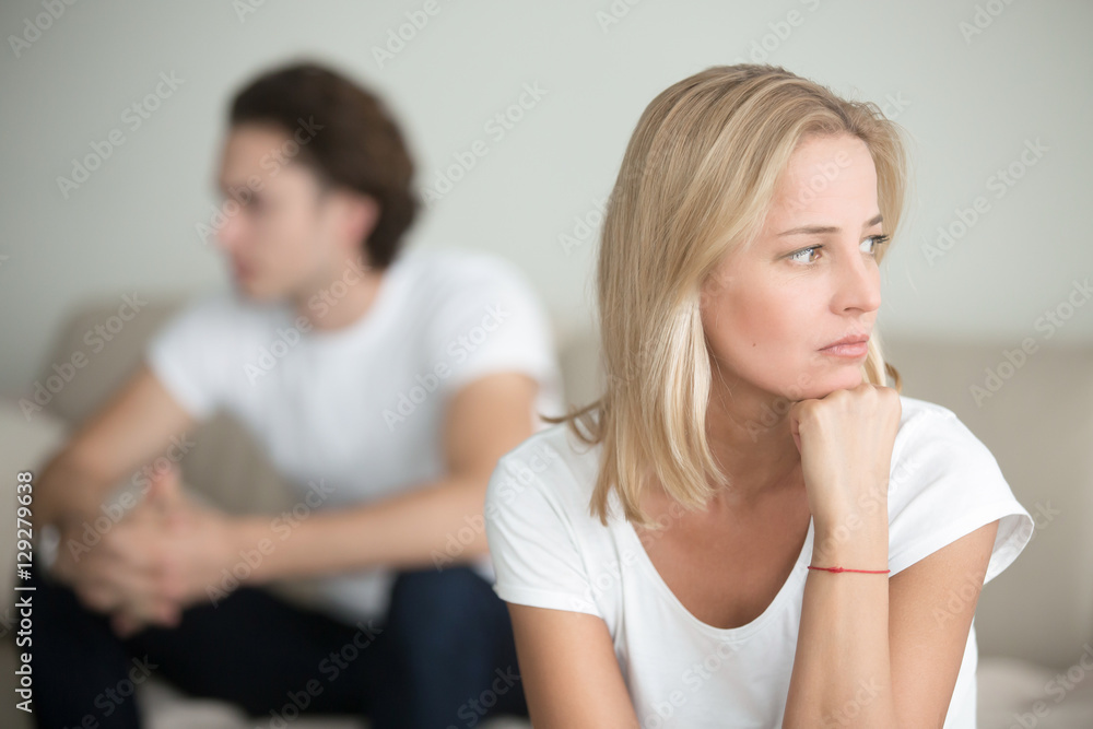 Serious sad woman thinking over a problem, man aside, meeting therapist, poor chance of getting pregnant after 40, unmet expectations, unable to handle family finances, interested in different things Serious sad woman thinking over a problem, man aside, meeting therapist, poor chance of getting pregnant after 40, unmet expectations, unable to handle family finances, interested in different things