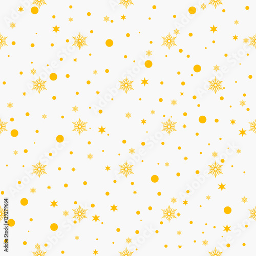 Falling gold snow pattern. Gold splash on white background. Winter snowfall hand drawn spray texture.