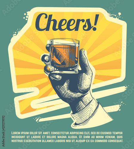 Hand with drink glass. Retro vector party poster