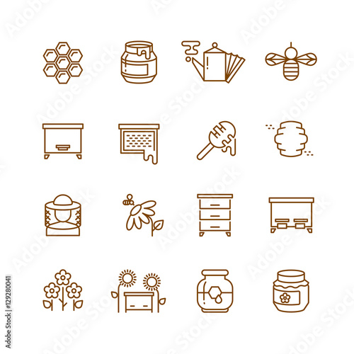 Honey, bee, beekeeping thin line vector icons set