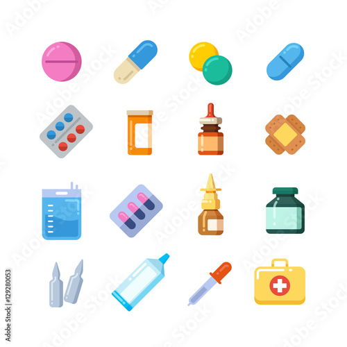 Medicine cartoon pill, drug, table, antibiotics, medication dose flat icons