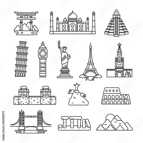 International country landmark vector line icons
