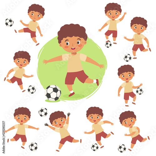 Boy Playing Football Soccer Sport Set Vector Illustration Kids