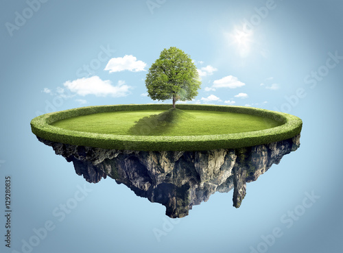 Amazing island with tree floating in the air under clouds