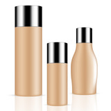 VECTOR PACKAGING: SET of skin toned beauty products/cosmetics bottles and containers with silver lid on isolated white background. Mock-up template ready for design
