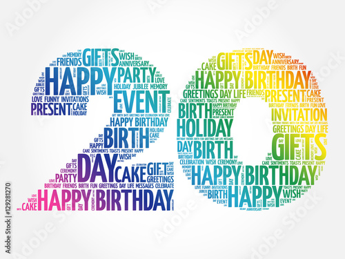 Happy 20th birthday word cloud collage concept