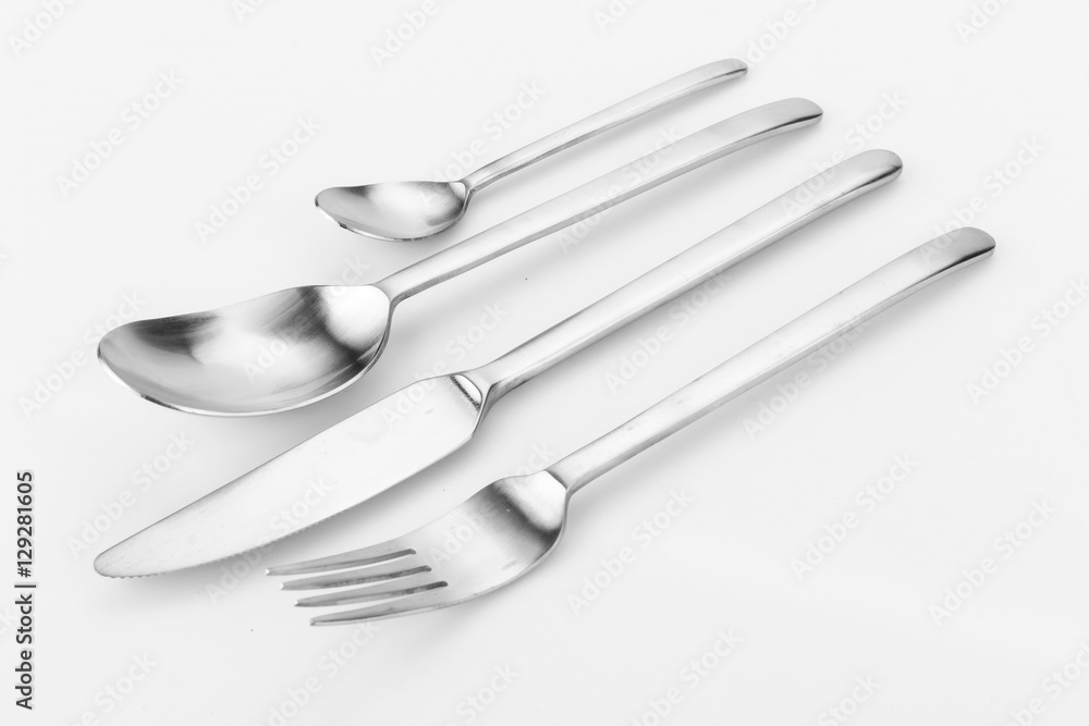 Cutlery set with Fork, Knife and Spoon on white background Cutlery set with Fork, Knife and Spoon on white background