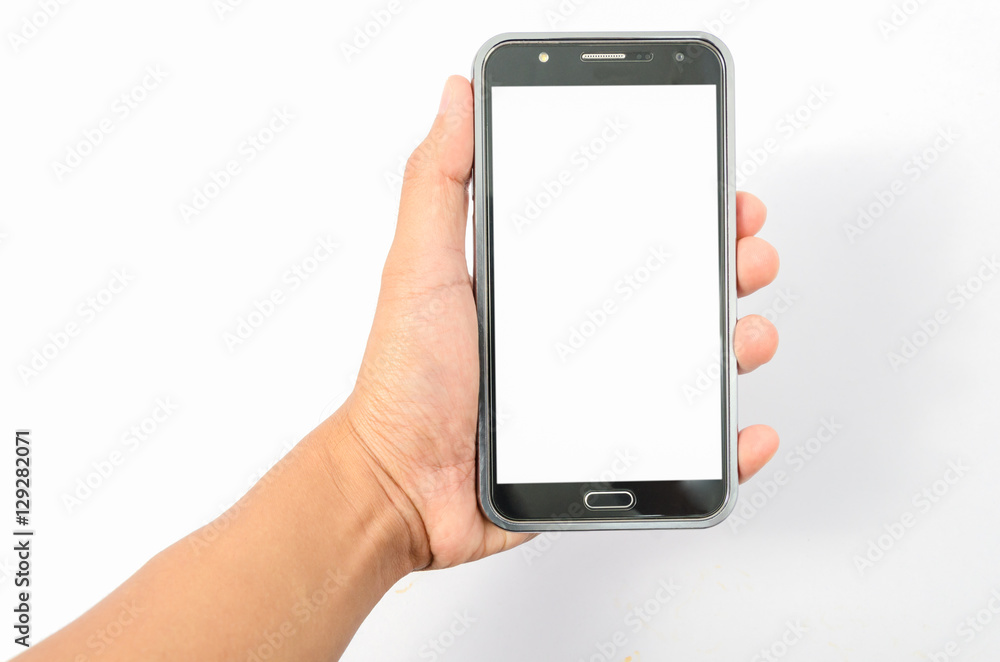 Male left hand holding black Smart phone Male left hand holding black Smart phone