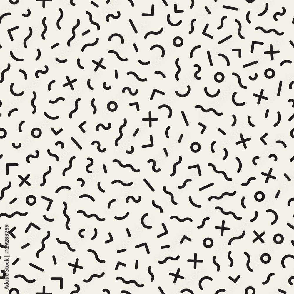 Scattered Geometric Line Shapes. Vector Seamless Black and White Pattern. Scattered Geometric Line Shapes. Vector Seamless Black and White Pattern.