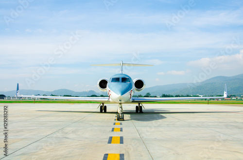 Small Airplane or Aeroplane Parked at Airport.Small Airplane Famous to use Private Airplane.Mountain View.