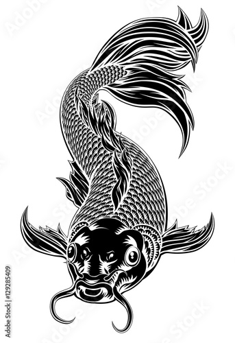 Koi Carp Fish Woodcut Style