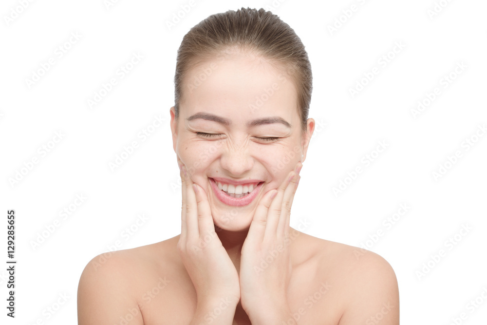 happy girl with clean skin laughing isolated on white background happy girl with clean skin laughing isolated on white background