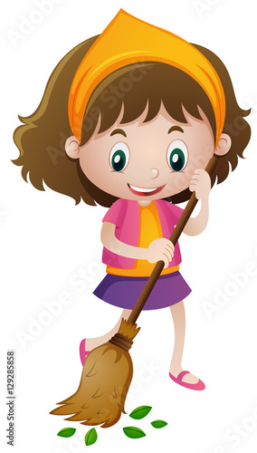 Happy girl sweeping leaves