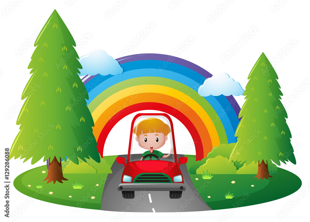Boy driving red car on road Boy driving red car on road