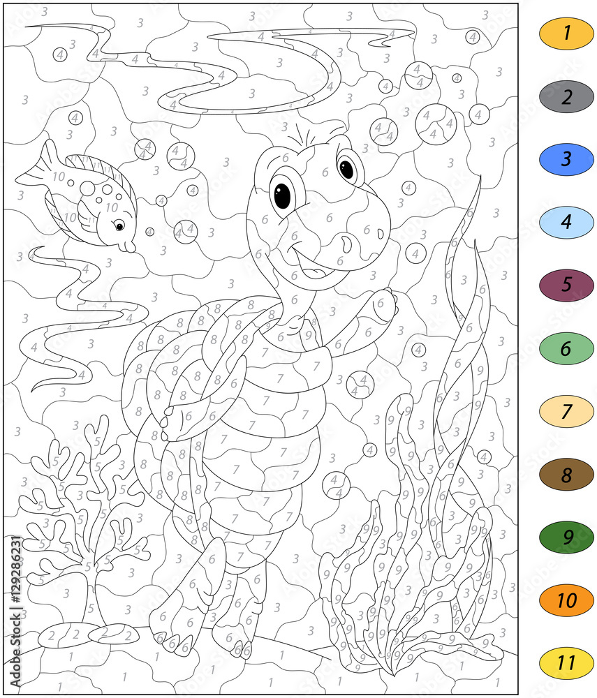 Fototapeta premium Cartoon turtle and fish in the ocean. Color by number educationa