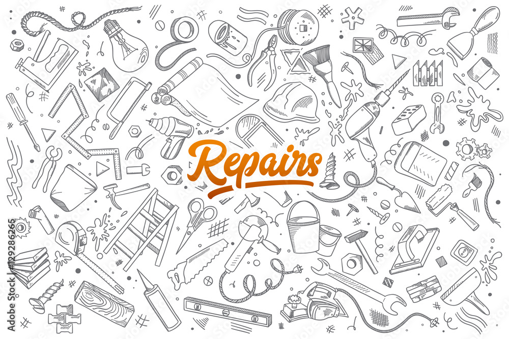 Hand drawn set of repairs instruments doodles with lettering in vector