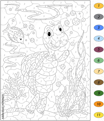 Cartoon turtle and fish in the ocean. Color by number educationa