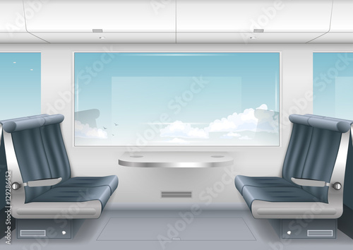 Interior high-speed train or a boat with a passenger compartment and the scenery outside the window. Vector graphics
