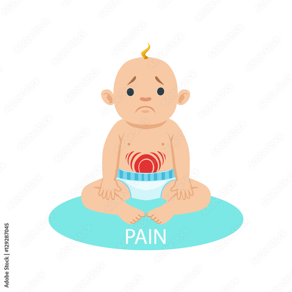 Little Baby Boy In Nappy Having Belly Pain, Part Of Reasons Of Infant Being Unhappy And Crying Cartoon Illustration Collection Little Baby Boy In Nappy Having Belly Pain, Part Of Reasons Of Infant Being Unhappy And Crying Cartoon Illustration Collection