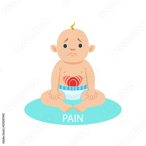 Little Baby Boy In Nappy Having Belly Pain, Part Of Reasons Of Infant Being Unhappy And Crying Cartoon Illustration Collection