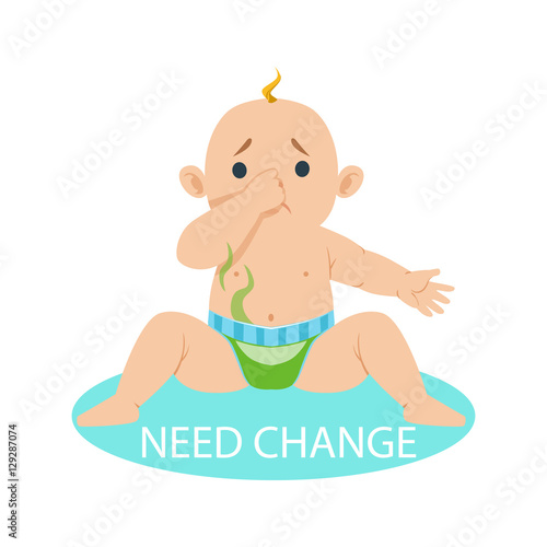 Little Baby Boy In Nappy Needs Change, Part Of Reasons Of Infant Being Unhappy And Crying Cartoon Illustration Collection