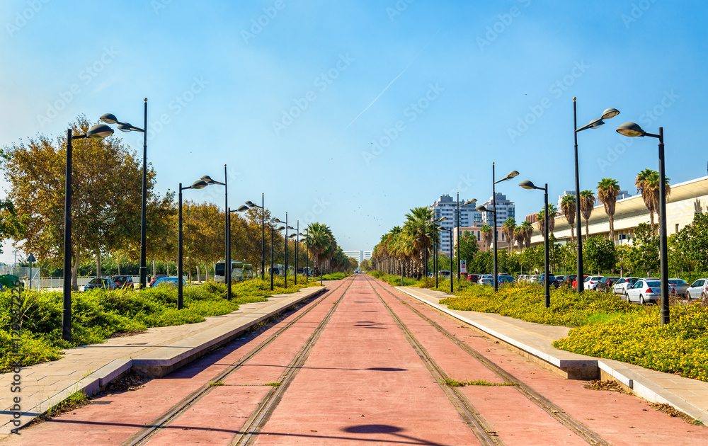 Naklejka premium Tram line under construction near the City of Arts and Sciences in Valencia, Spain