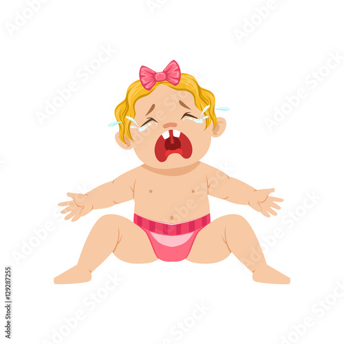 Little Baby Girl Sitting In Nappy Crying Hesterically With Eyes Full Of Cartoon Illustration