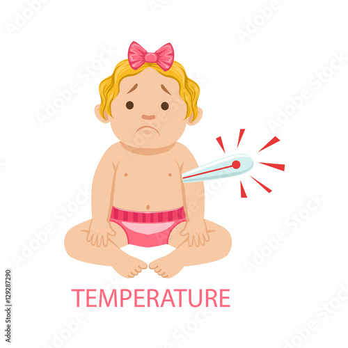 Little Baby Girl In Nappy With Thermometer Has Fever, Part Of Reasons Of Infant Being Unhappy And Crying Cartoon Illustration Collection