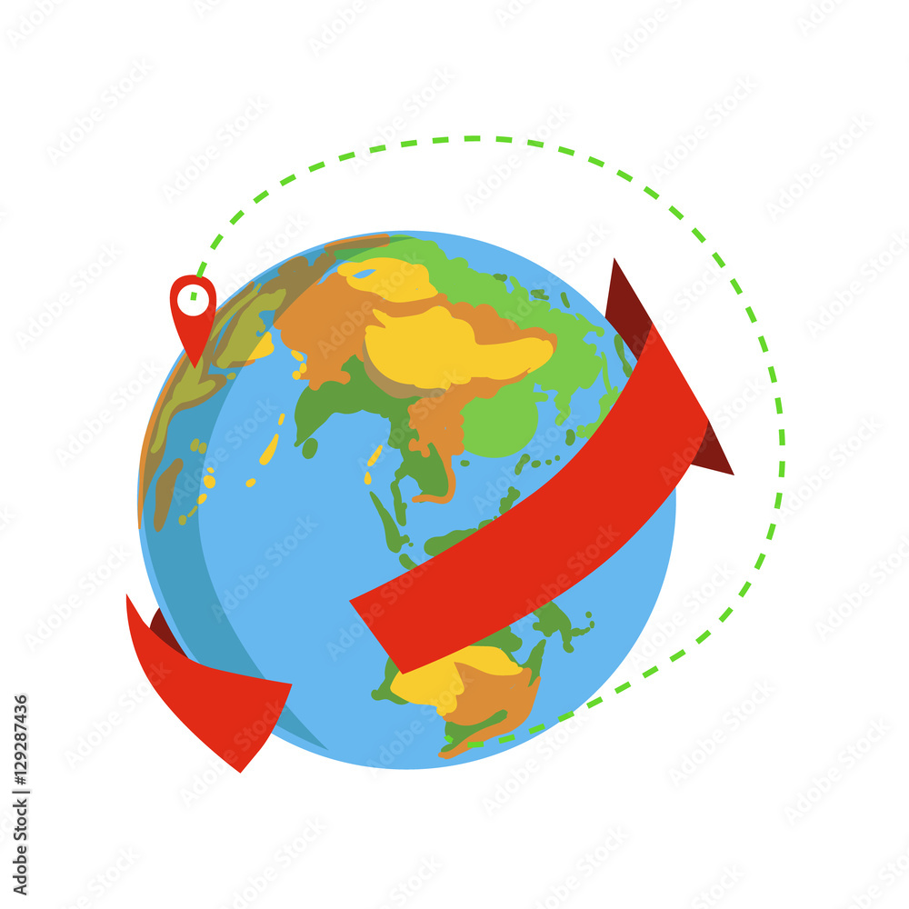 Globe With Red Arrow Going Around And Marked Destination Delivery Service Company Symbol Of Worldwide Coverage Globe With Red Arrow Going Around And Marked Destination Delivery Service Company Symbol Of Worldwide Coverage