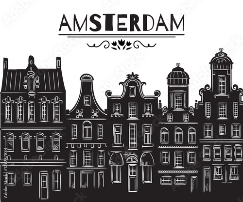Amsterdam. Old historic buildings and traditional architecture of Netherlands. Isolated elements. Design concept for banner, card, scrap booking, print, poster. Vintage hand drawn vector illustration 