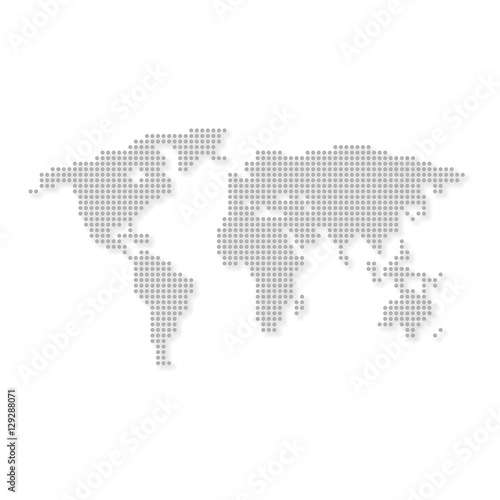 World map grey colored with circle on white background