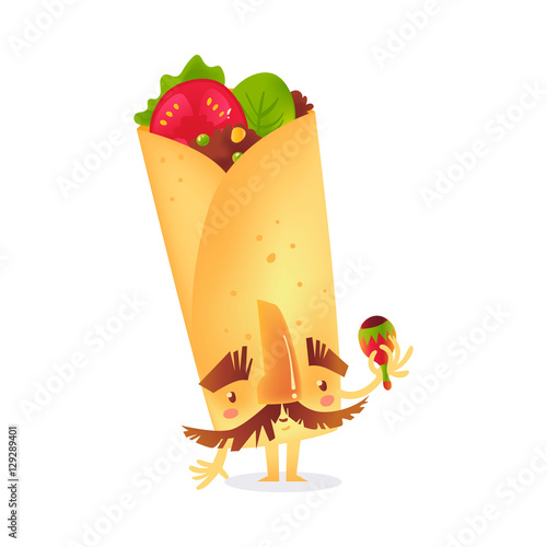 Big burrito character with thick eyebrows and moustache playing Mexican maraca, cartoon vector illustration isolated on white background. Traditional Mexican burrito character shaking maraca