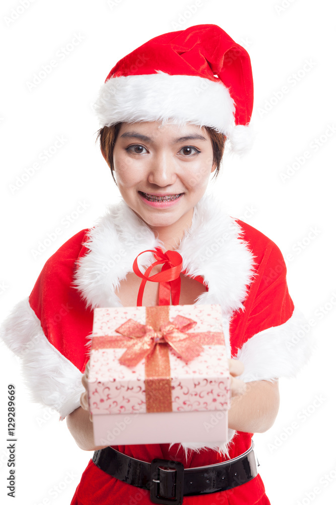 Asian Christmas Santa Claus girl and gift box. Asian Christmas Santa Claus girl and gift box.