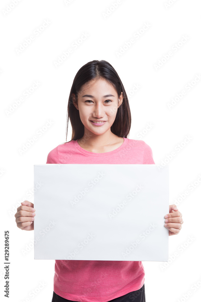 Young Asian woman with white blank sign Young Asian woman with white blank sign